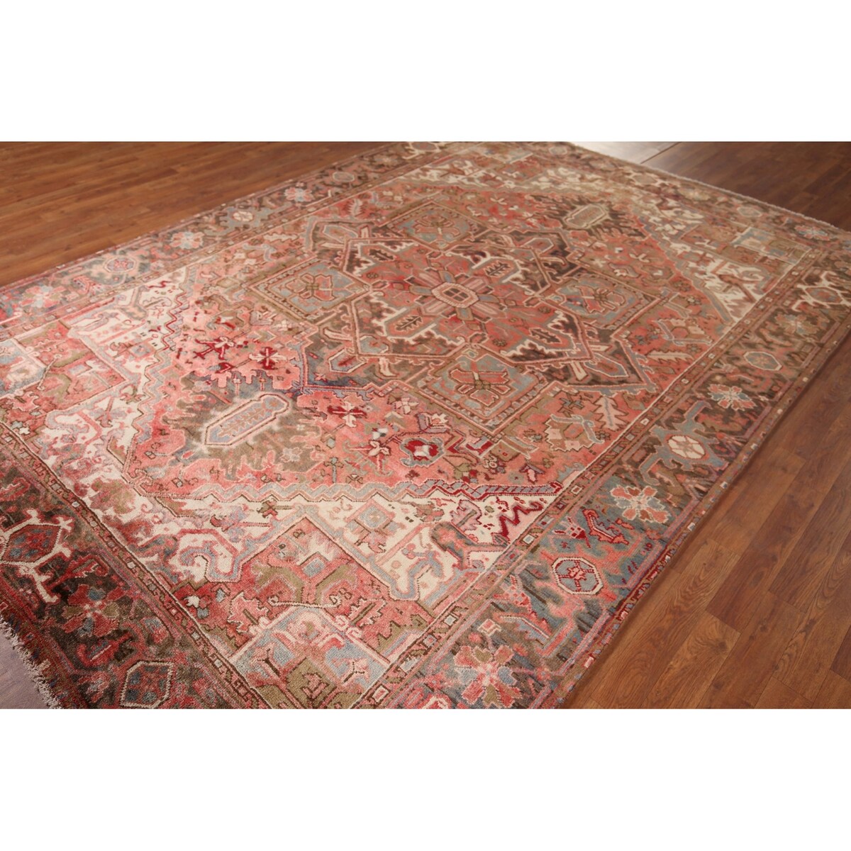Red & Pink Traditional Heriz Persian Vintage Rug Handmade Wool Carpet - 7'5"x 10'7"