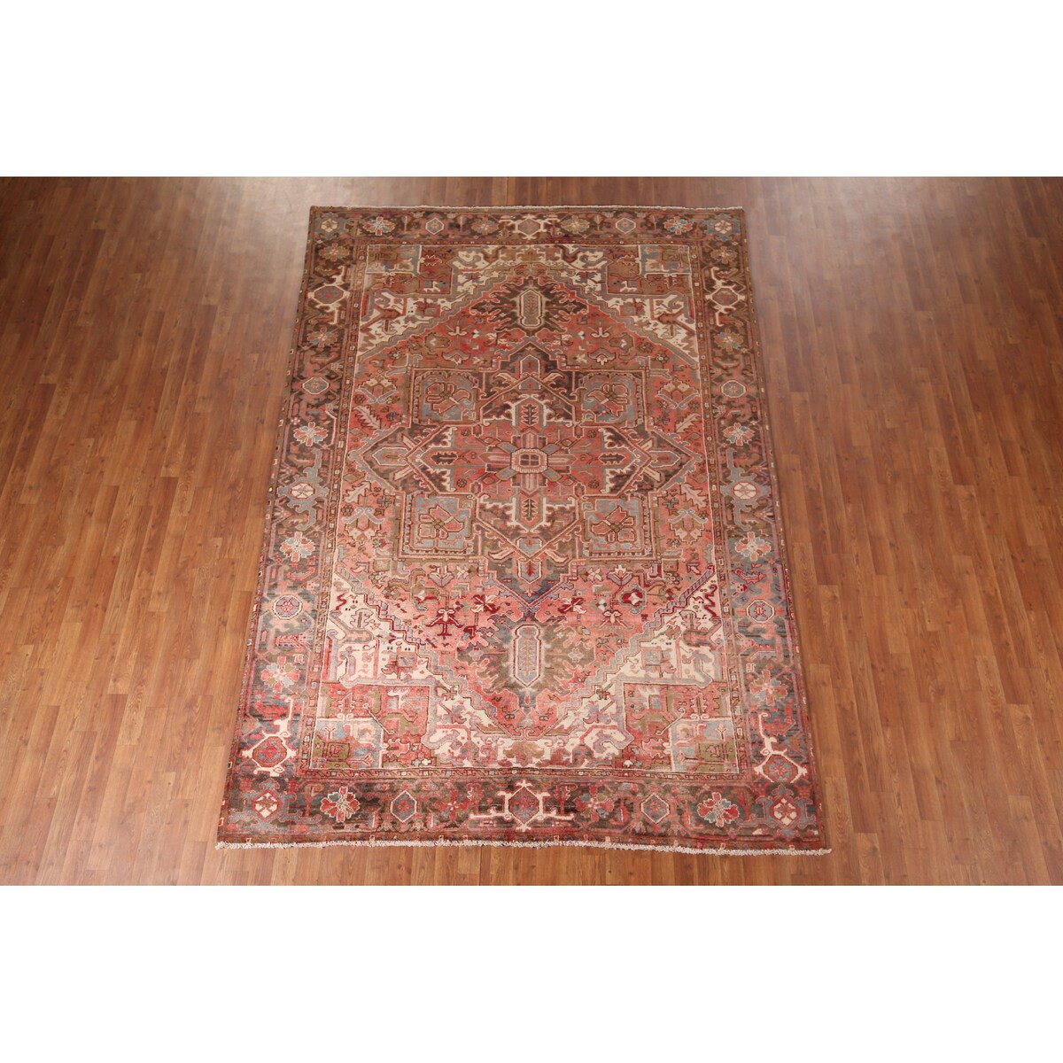 Red & Pink Traditional Heriz Persian Vintage Rug Handmade Wool Carpet - 7'5"x 10'7"