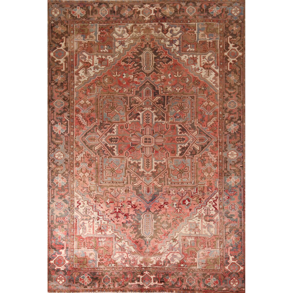 Red & Pink Traditional Heriz Persian Vintage Rug Handmade Wool Carpet - 7'5"x 10'7"