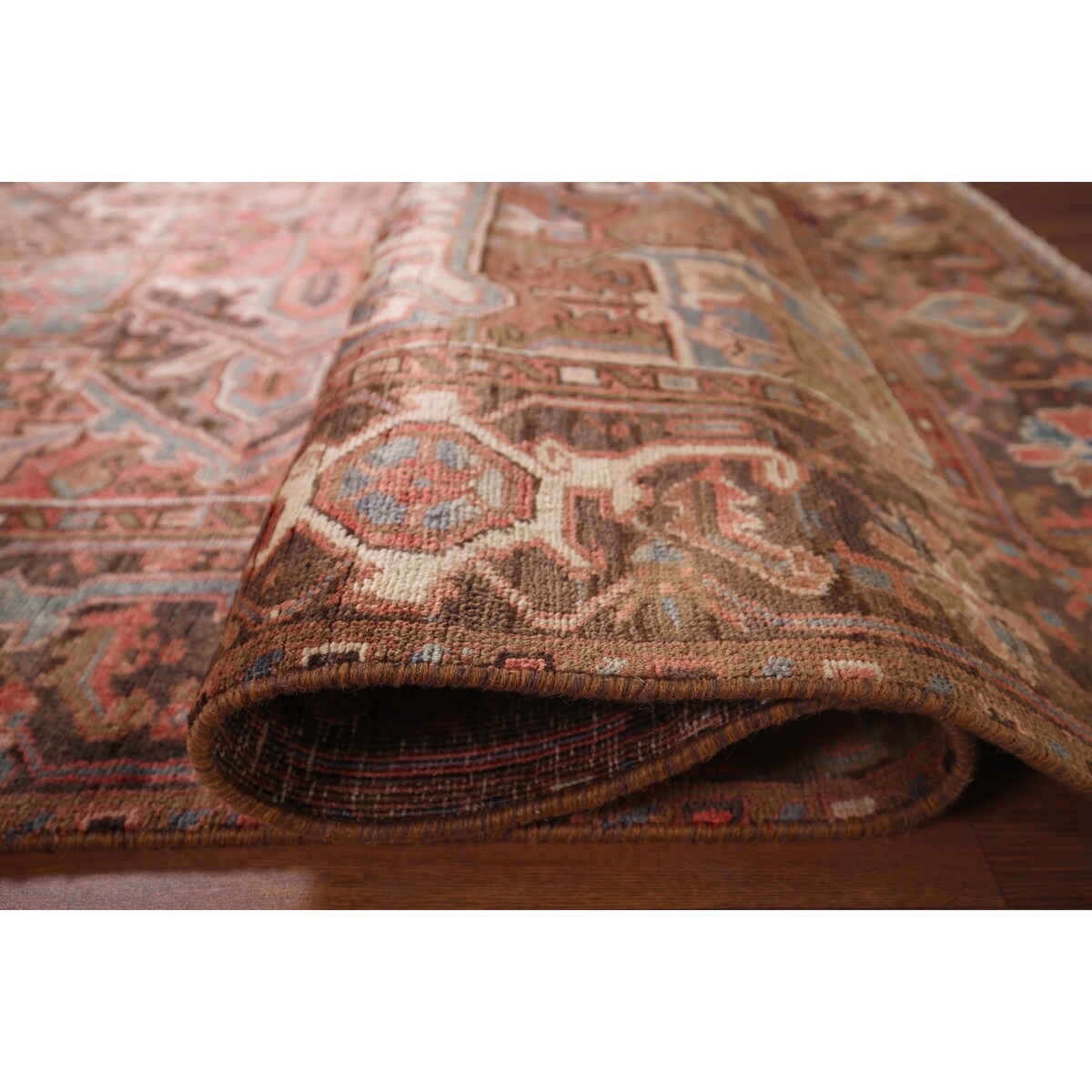Red & Pink Traditional Heriz Persian Vintage Rug Handmade Wool Carpet - 7'5"x 10'7"