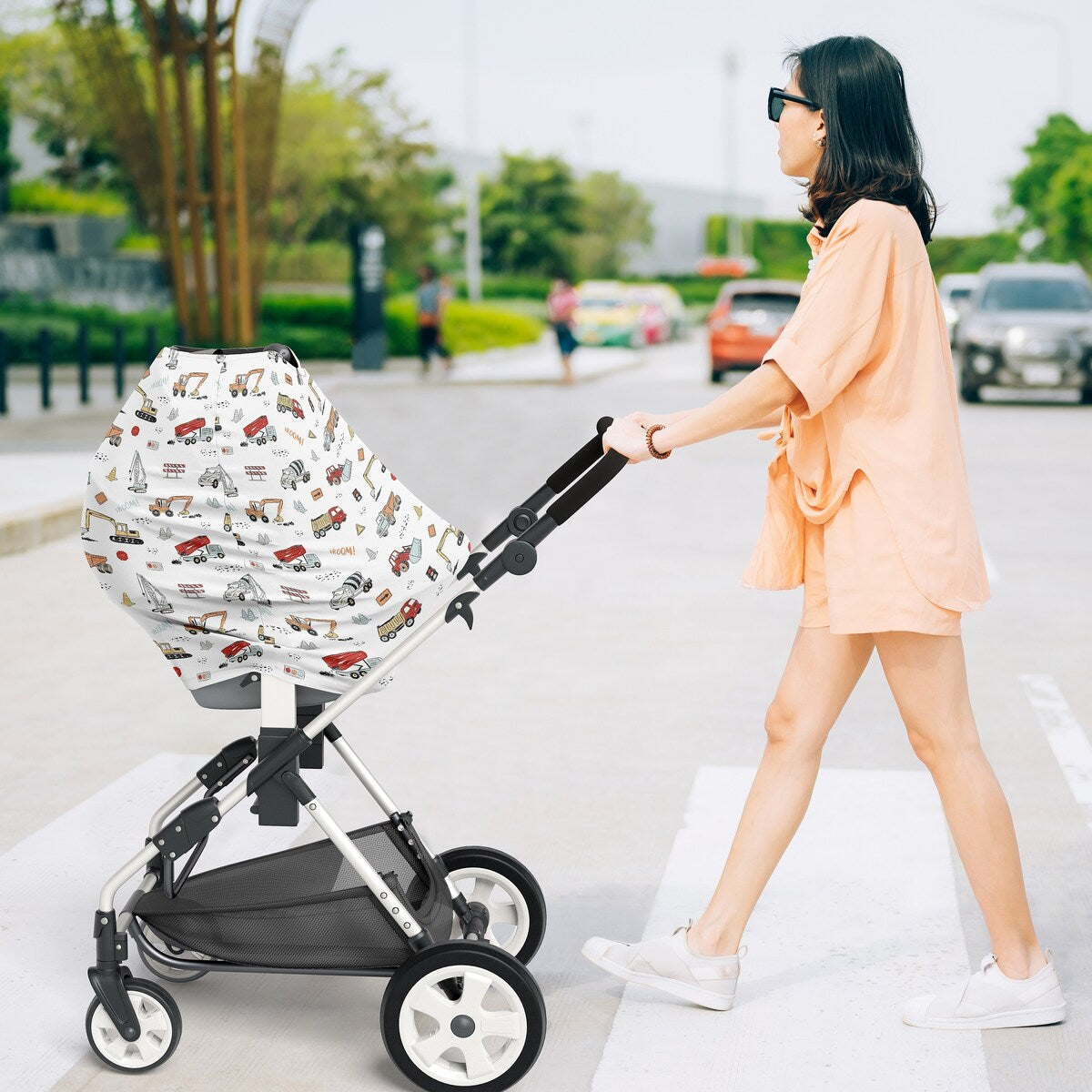 Sweet Jojo Designs Red Blue Construction Truck Boy 5 in 1 Baby Car Seat Nursing Cover Yellow Orange Black White Transportation