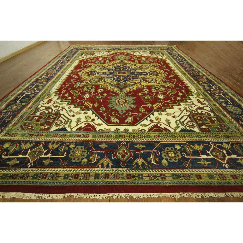 Red and Blue Hand-knotted Floral Heriz Serapi Wool Area Rug (12' x 18', 12' x 12')