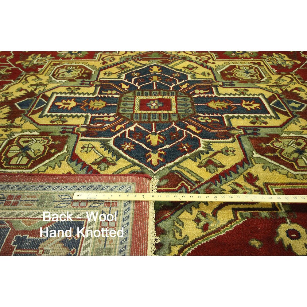 Red and Blue Hand-knotted Floral Heriz Serapi Wool Area Rug (12' x 18', 12' x 12')