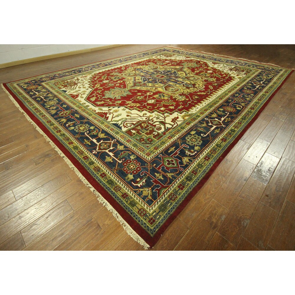 Red and Blue Hand-knotted Floral Heriz Serapi Wool Area Rug (12' x 18', 12' x 12')
