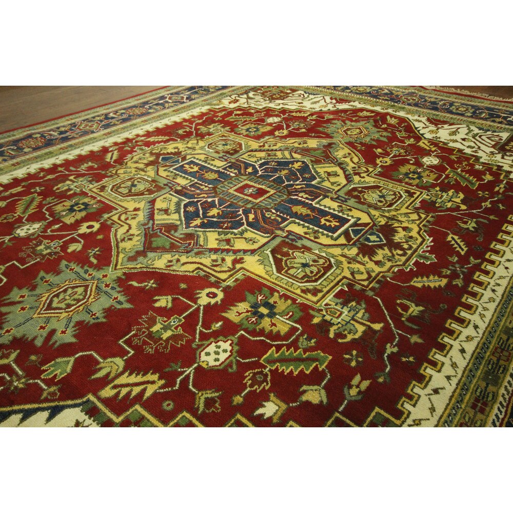 Red and Blue Hand-knotted Floral Heriz Serapi Wool Area Rug (12' x 18', 12' x 12')