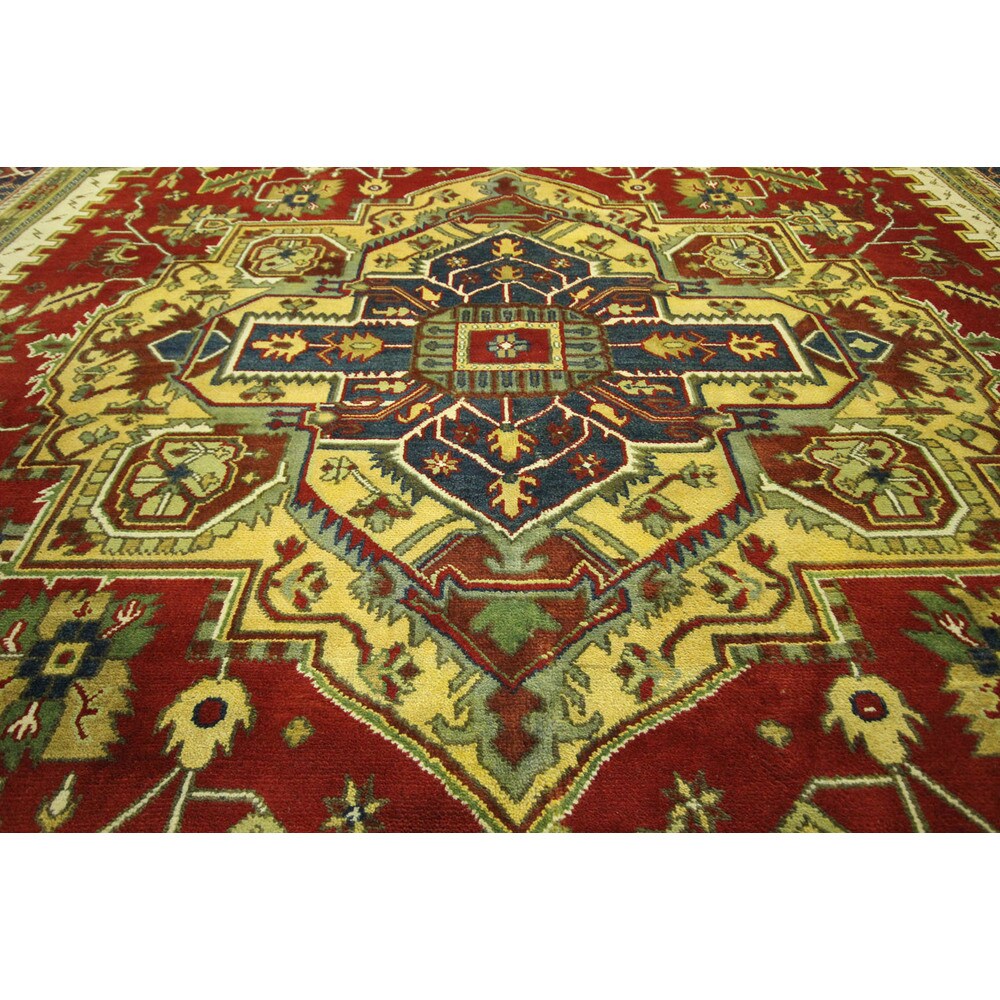 Red and Blue Hand-knotted Floral Heriz Serapi Wool Area Rug (12' x 18', 12' x 12')