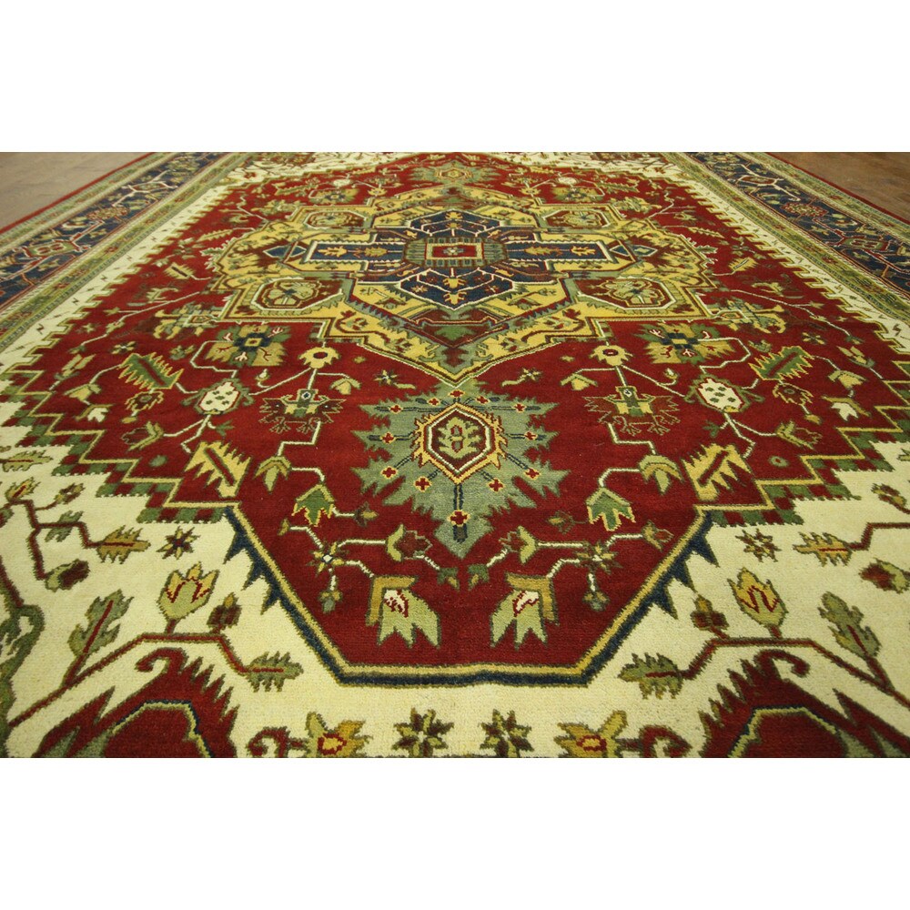 Red and Blue Hand-knotted Floral Heriz Serapi Wool Area Rug (12' x 18', 12' x 12')