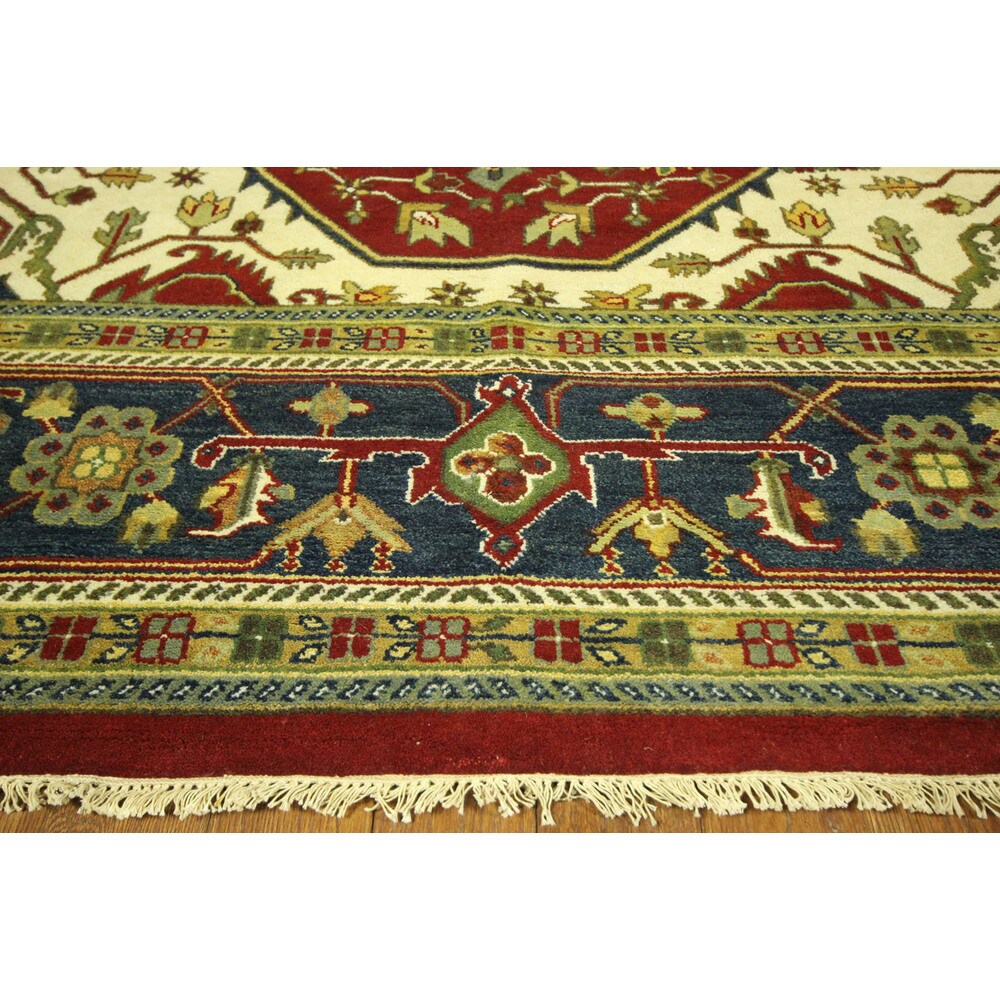 Red and Blue Hand-knotted Floral Heriz Serapi Wool Area Rug (12' x 18', 12' x 12')