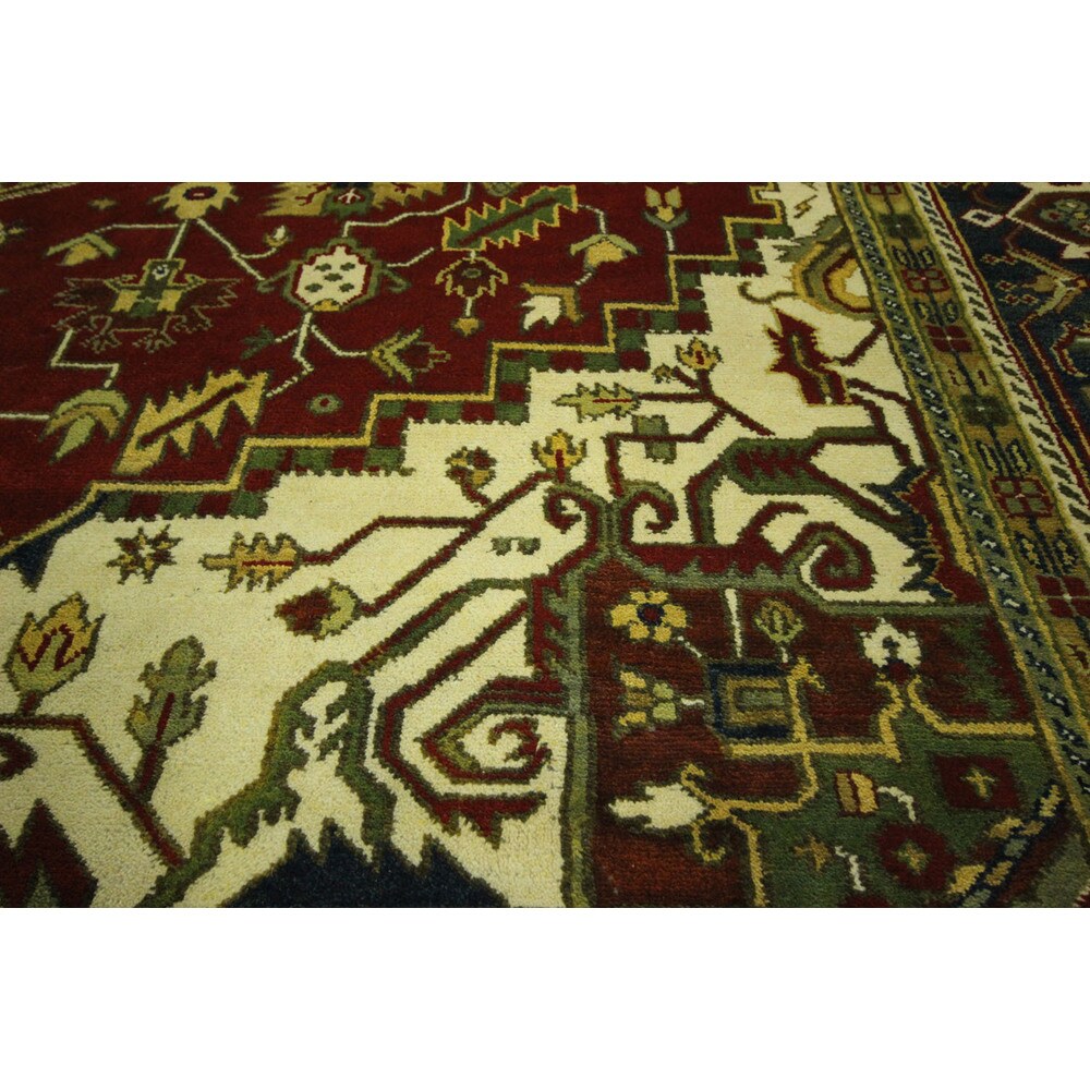 Red and Blue Hand-knotted Floral Heriz Serapi Wool Area Rug (12' x 18', 12' x 12')
