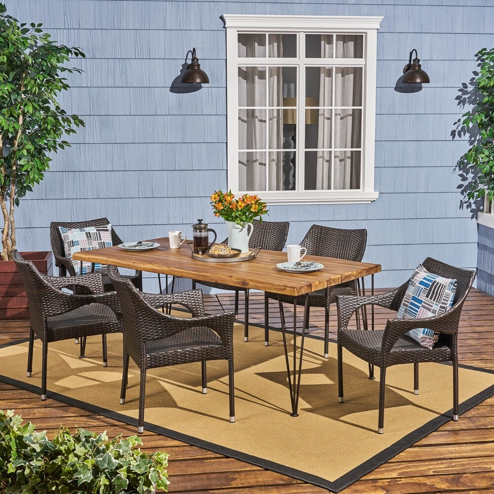 Reed Outdoor 6-Seater Acacia Wood Dining Set with Stacking Chairs by Christopher Knight Home