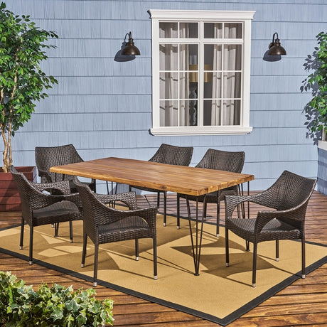 Reed Outdoor 6-Seater Acacia Wood Dining Set with Stacking Chairs by Christopher Knight Home