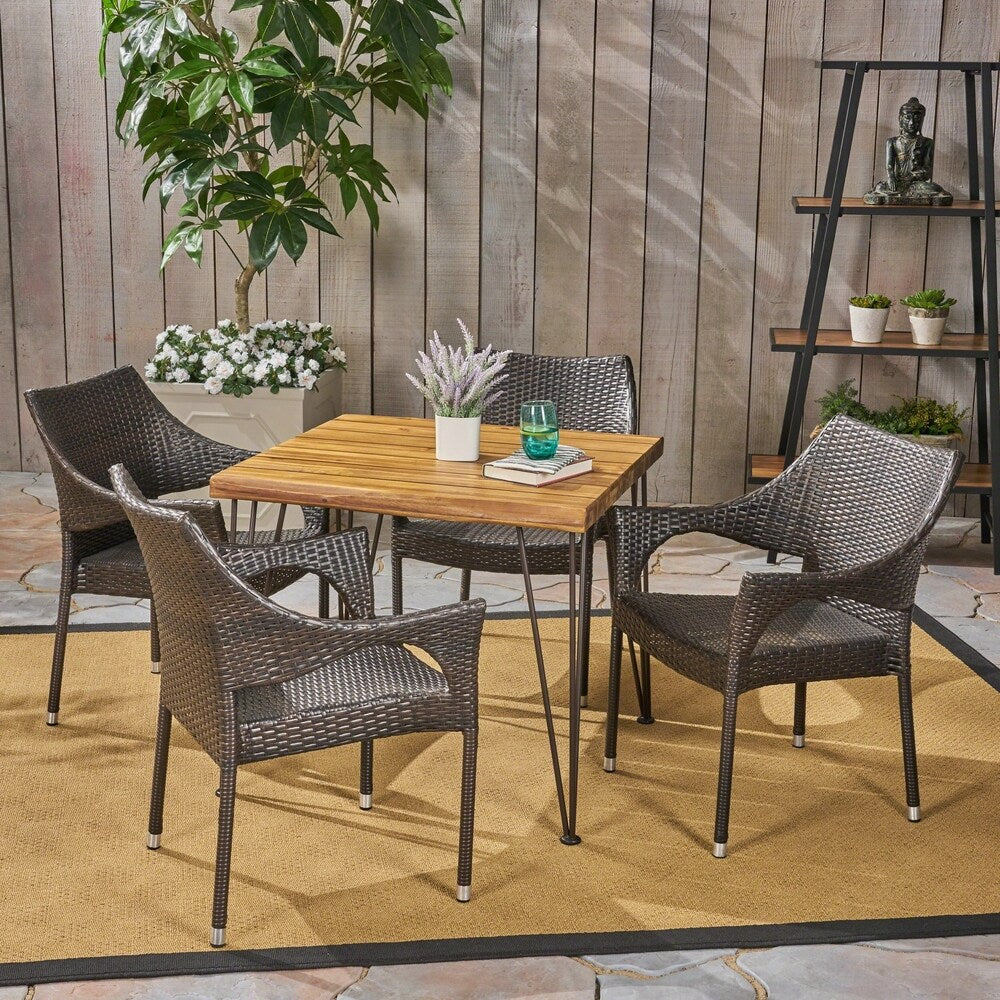 Christopher Knight Home Reed Outdoor Industrial Wood and Wicker 5-Piece Square Dining Set