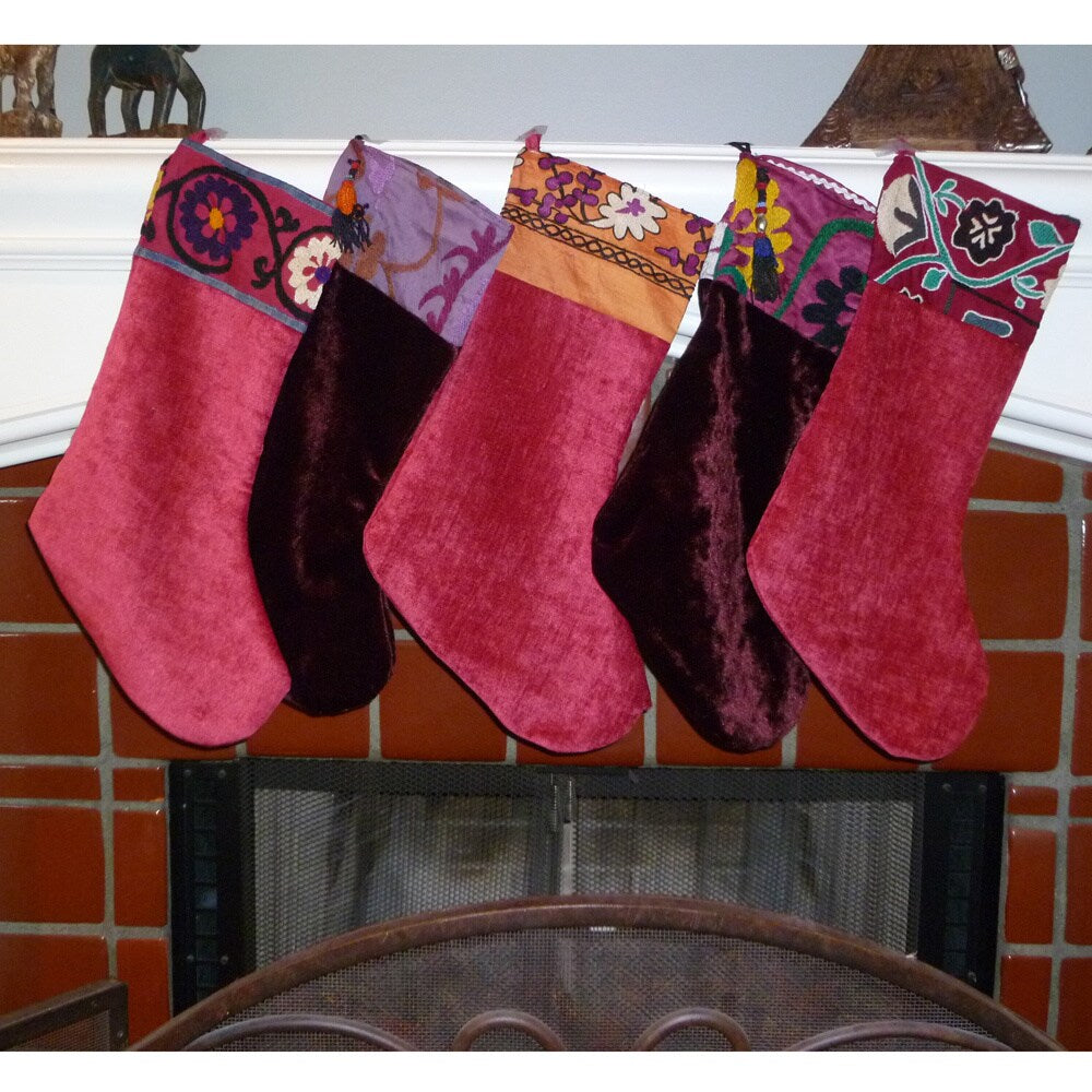 Handmade Refurbished Plum Suzani Vintage Christmas Stocking (Uzbekistan)