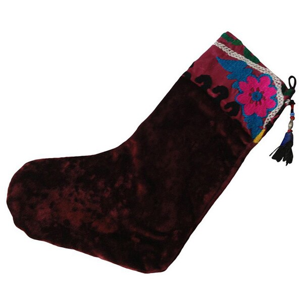 Handmade Refurbished Plum Suzani Vintage Christmas Stocking (Uzbekistan)