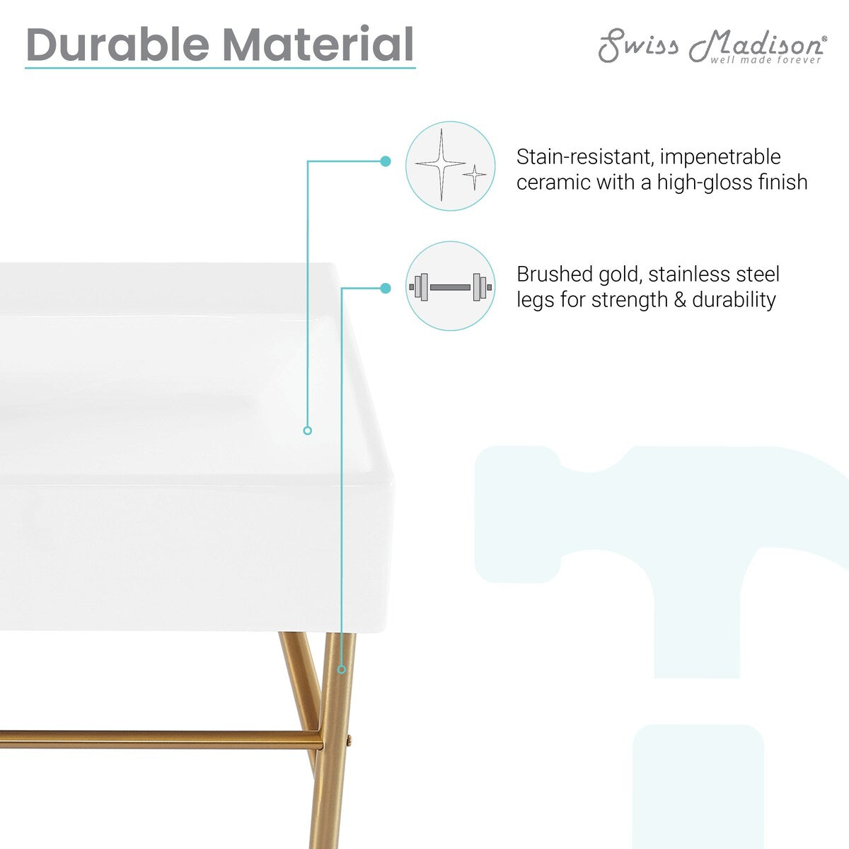 Reims 30 Ceramic Console Sink White Basin Brushed Gold Legs - 29.5" x 16.55" 35.45"
