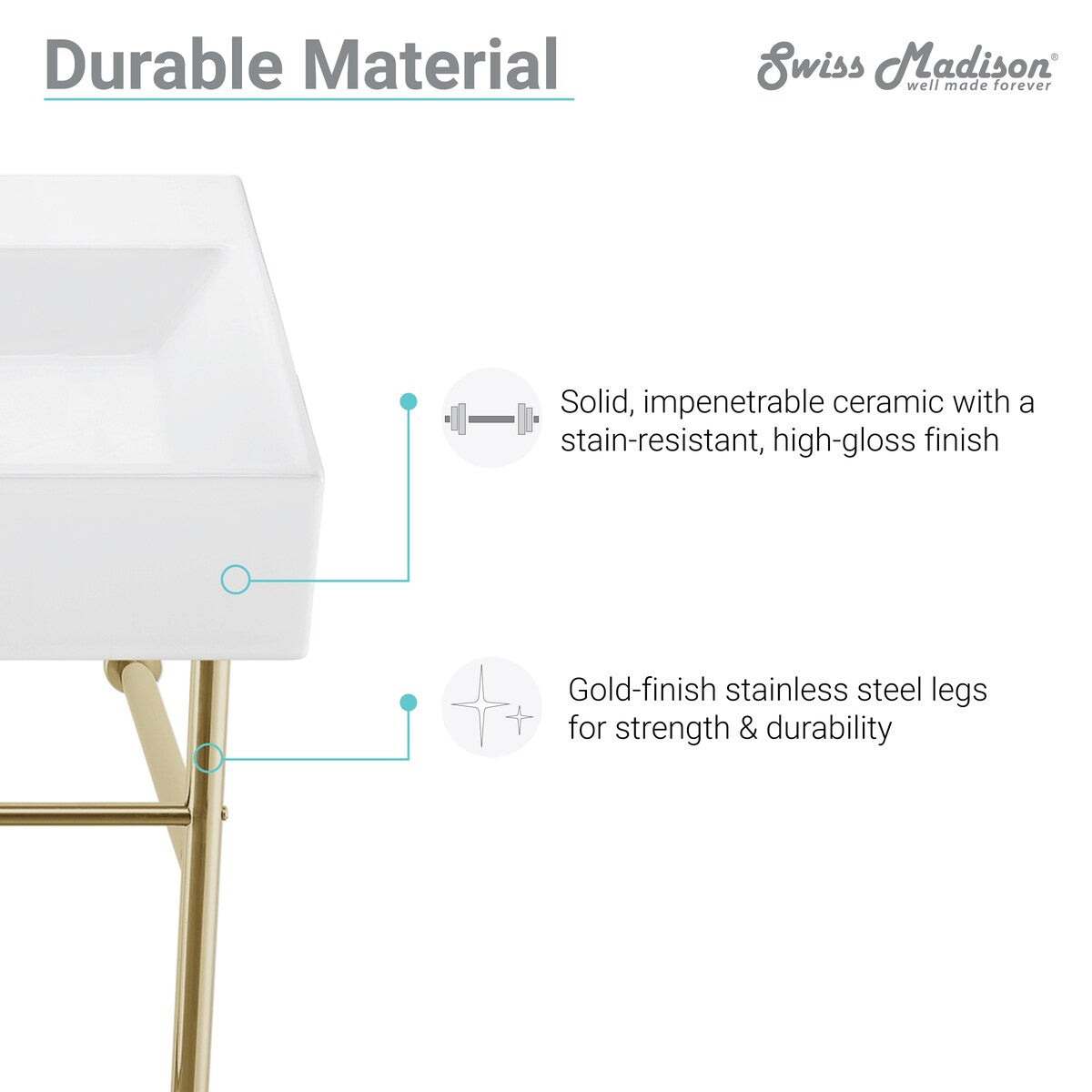 Reims 40 Ceramic Console Sink White Basin Gold Legs - 39.35" x 16.55" 35.45"