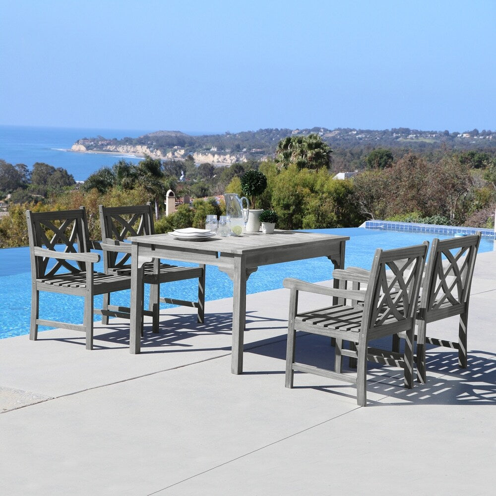 Renaissance Eco-friendly 5-piece Outdoor Hand-scraped Hardwood Dining Set with Rectangle Table, 4-foot Bench and Arm Chairs