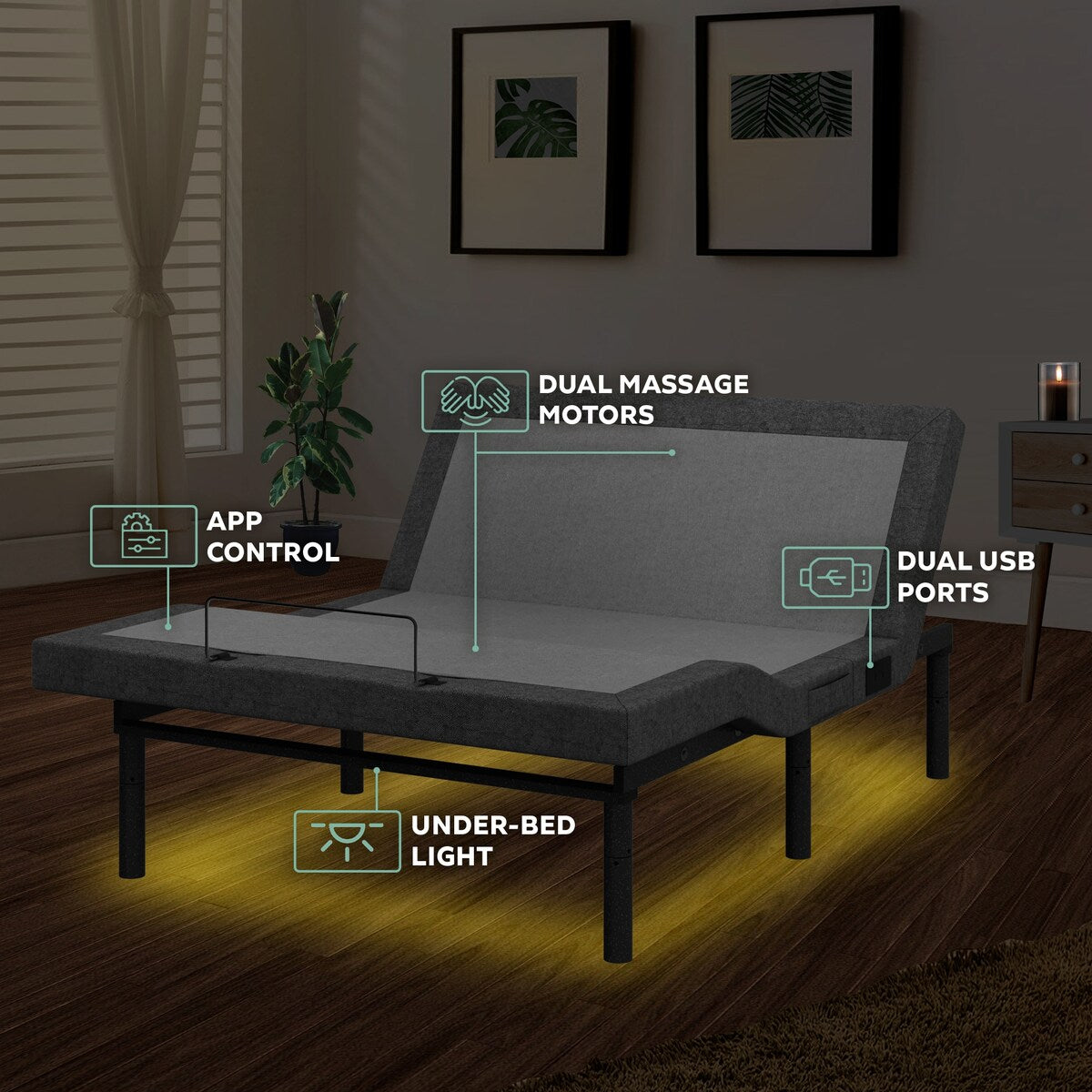 Renanim Adjustable Bed Frame with 14-inch Hybrid Mattress, Dual Massage USB, App Control, Remote - Queen