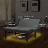 Renanim Adjustable Bed Frame with 14-inch Hybrid Mattress, Dual Massage USB, App Control, Remote - Queen