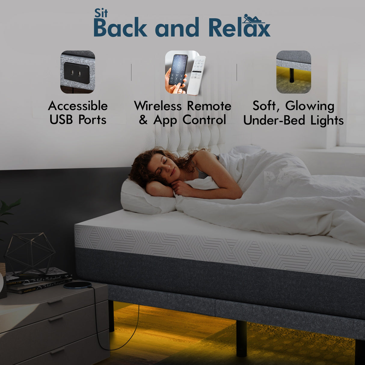 Renanim Adjustable Bed with 14" Mattress, Anti-Snore Preset, Dual Massage, USB Ports, App Control, Remote, Underbed Light