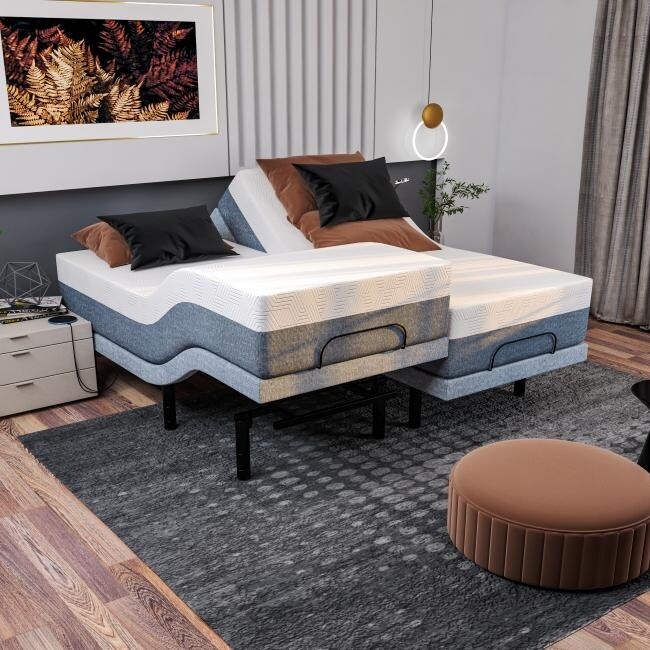 Renanim Adjustable SplitKing Bed Frame with Memory Foam Mattress Dual