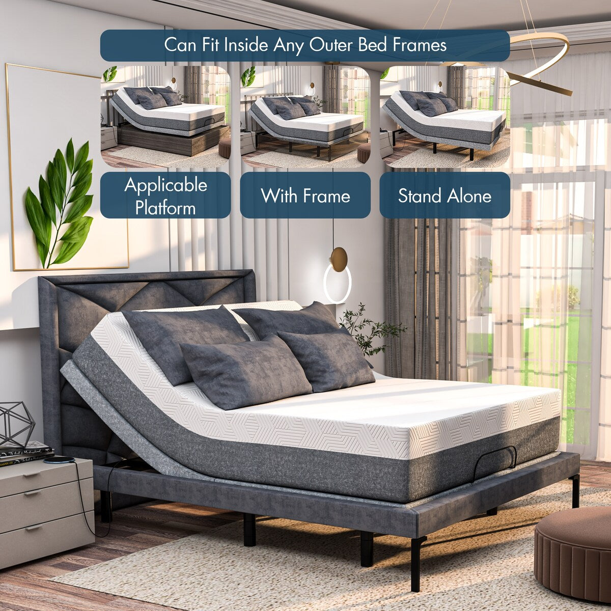 Renanim SF Adjustable Bed Frame, Dual Massage, USB, Underbed Light, App Control, Head and Foot Incline, Reclining Base