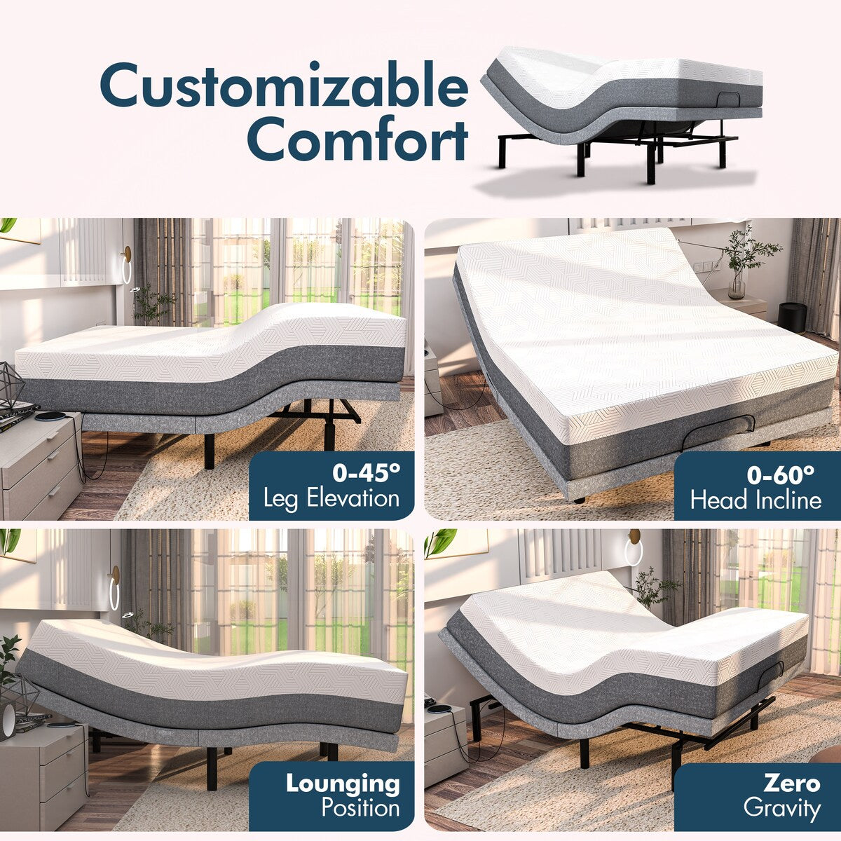 Renanim SF Adjustable Bed Frame, Dual Massage, USB, Underbed Light, App Control, Head and Foot Incline, Reclining Base