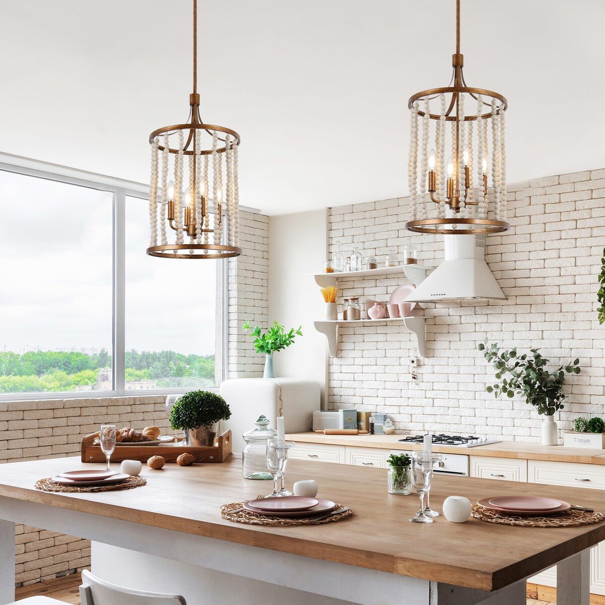 Renia Mid-century Modern Cylinder Wood Beaded Coastal Chandelier Distressed Gold 4-light Glam Hanging Lights