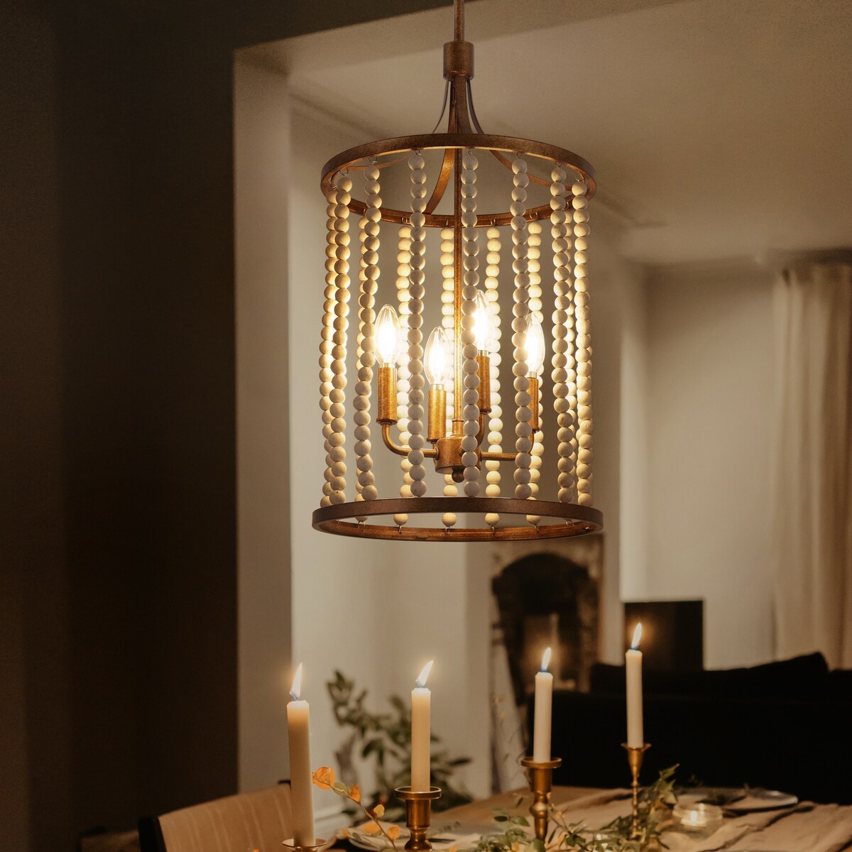 Renia Mid-century Modern Cylinder Wood Beaded Coastal Chandelier Distressed Gold 4-light Glam Hanging Lights