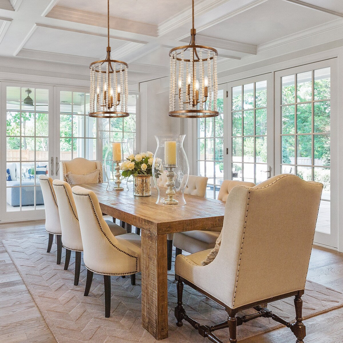 Renia Mid-century Modern Cylinder Wood Beaded Coastal Chandelier Distressed Gold 4-light Glam Hanging Lights