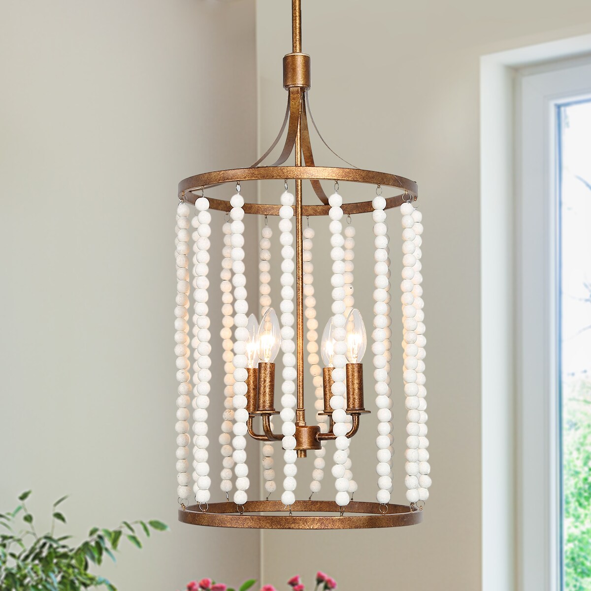 Renia Mid-century Modern Cylinder Wood Beaded Coastal Chandelier Distressed Gold 4-light Glam Hanging Lights