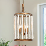 Renia Mid-century Modern Cylinder Wood Beaded Coastal Chandelier Distressed Gold 4-light Glam Hanging Lights