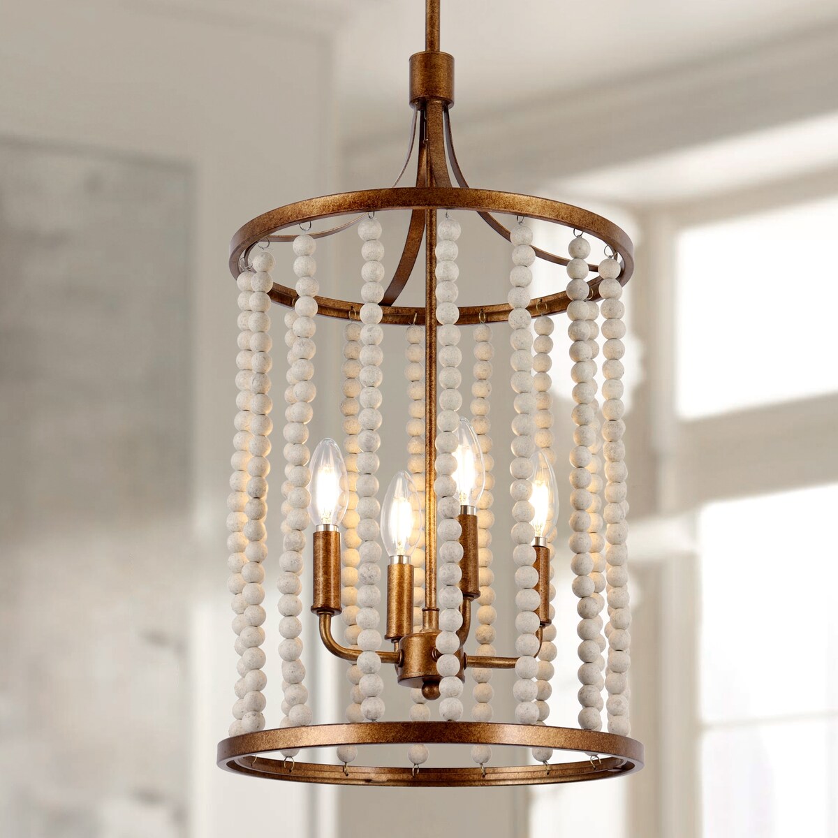 Renia Mid-century Modern Cylinder Wood Beaded Coastal Chandelier Distressed Gold 4-light Glam Hanging Lights