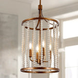 Renia Mid-century Modern Cylinder Wood Beaded Coastal Chandelier Distressed Gold 4-light Glam Hanging Lights