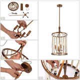 Renia Mid-century Modern Cylinder Wood Beaded Coastal Chandelier Distressed Gold 4-light Glam Hanging Lights