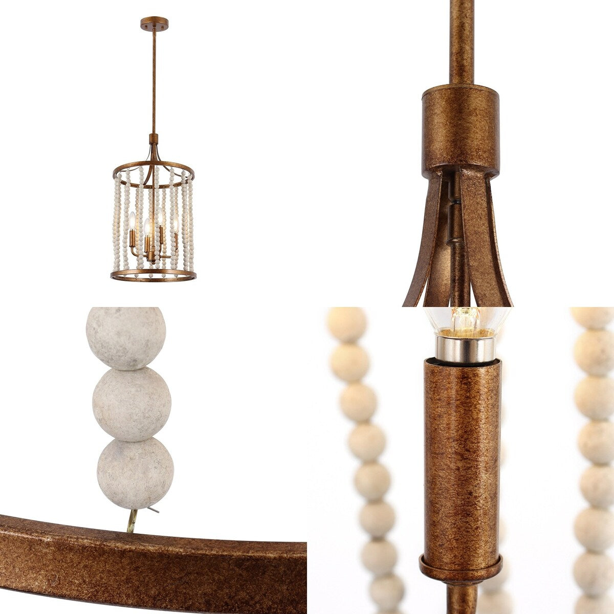 Renia Mid-century Modern Cylinder Wood Beaded Coastal Chandelier Distressed Gold 4-light Glam Hanging Lights