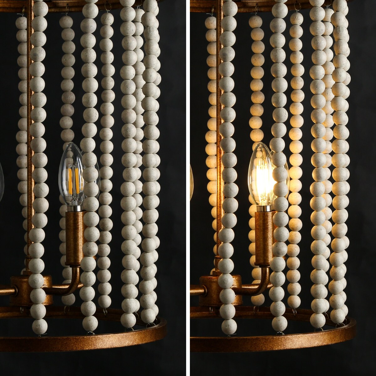 Renia Mid-century Modern Cylinder Wood Beaded Coastal Chandelier Distressed Gold 4-light Glam Hanging Lights