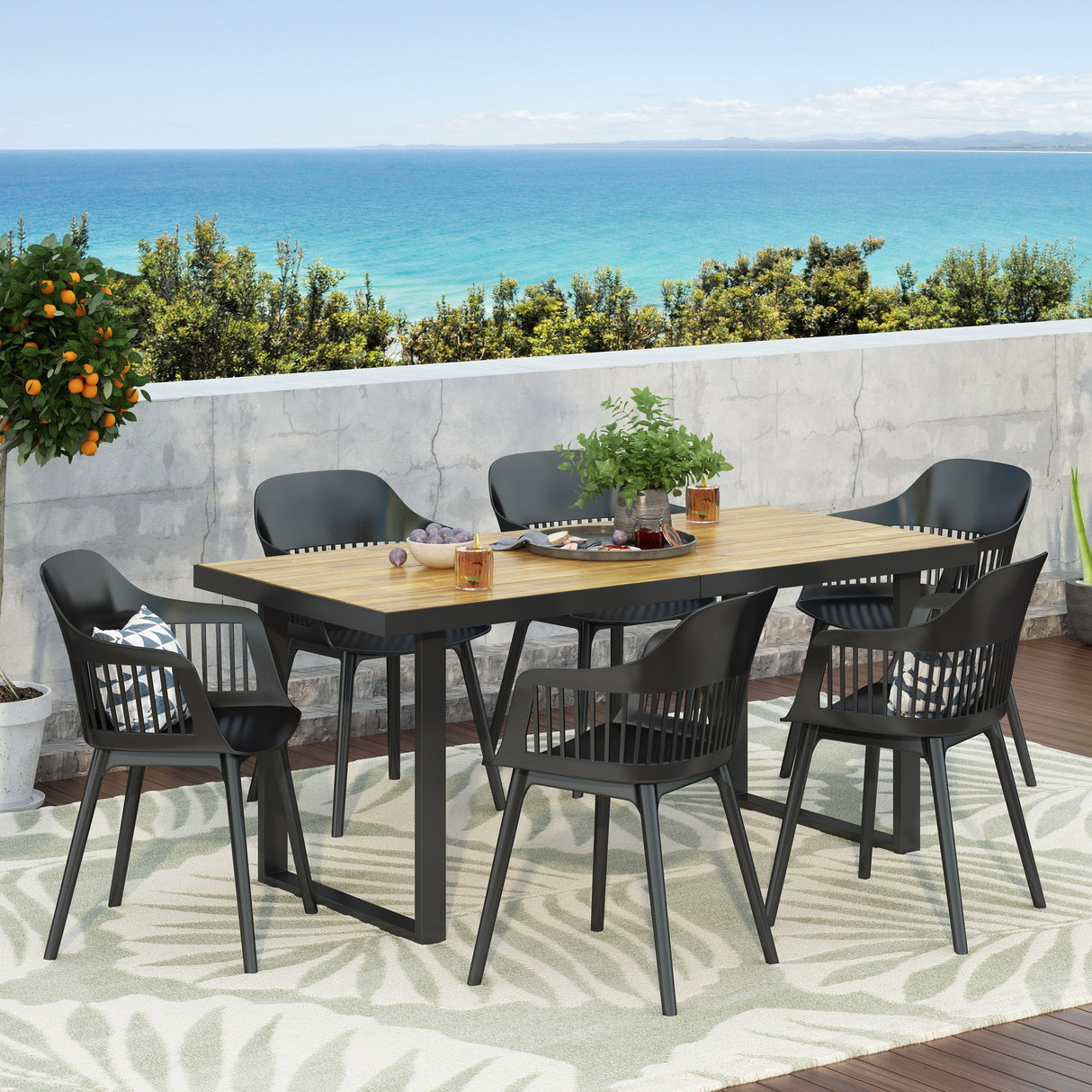 Requeta Outdoor Wood and Resin Outdoor 7 Piece Dining Set by Christopher Knight Home