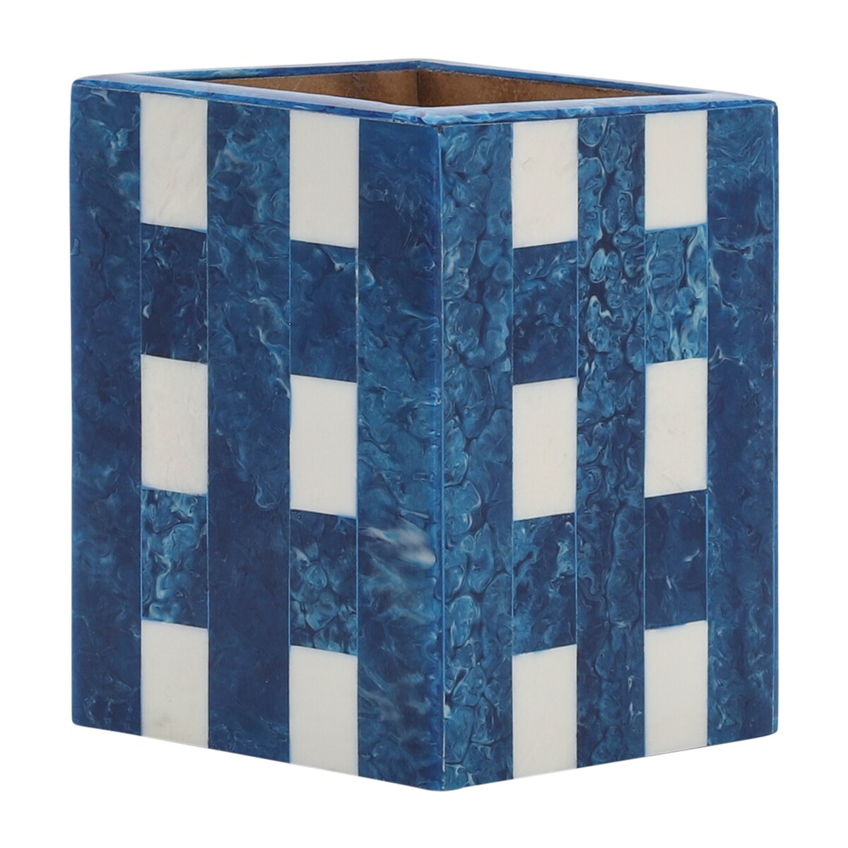 Resin, 3x4 Plaid Pencil Cup, Blue 4.0"H - 3.0" x 3.0" x 4.0"
