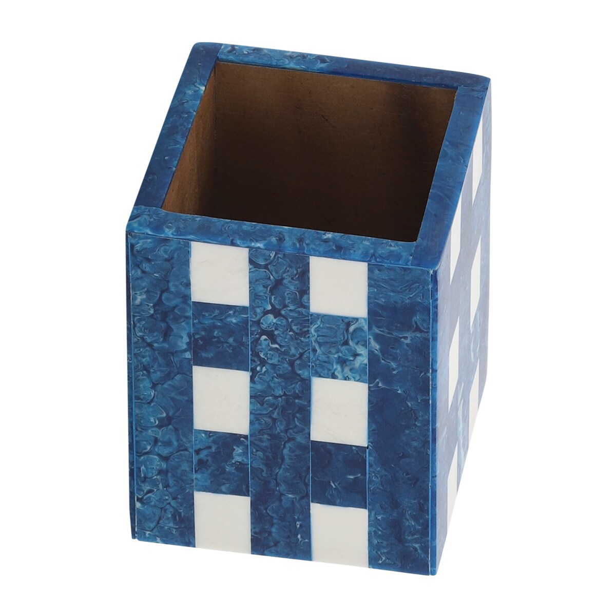 Resin, 3x4 Plaid Pencil Cup, Blue 4.0"H - 3.0" x 3.0" x 4.0"