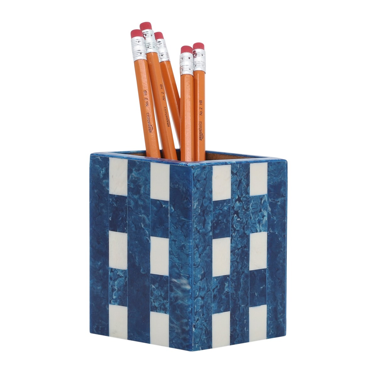Resin, 3x4 Plaid Pencil Cup, Blue 4.0"H - 3.0" x 3.0" x 4.0"