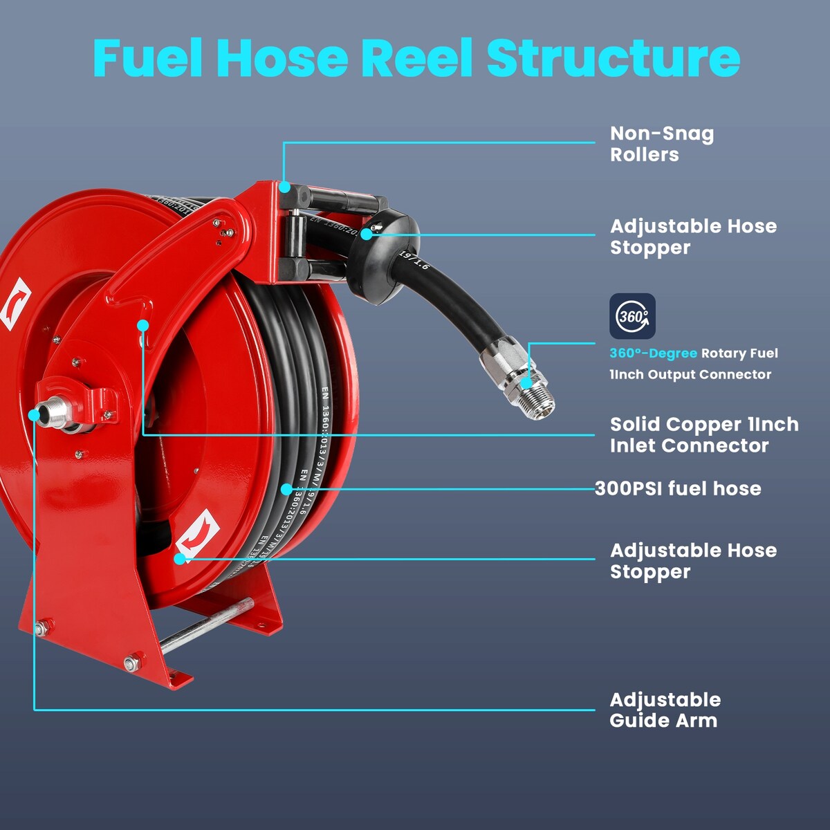 Retractable Diesel Fuel Hose Reel - 3/4 inch x 50ft Extra Long Spring Driven Auto Swivel Rewind