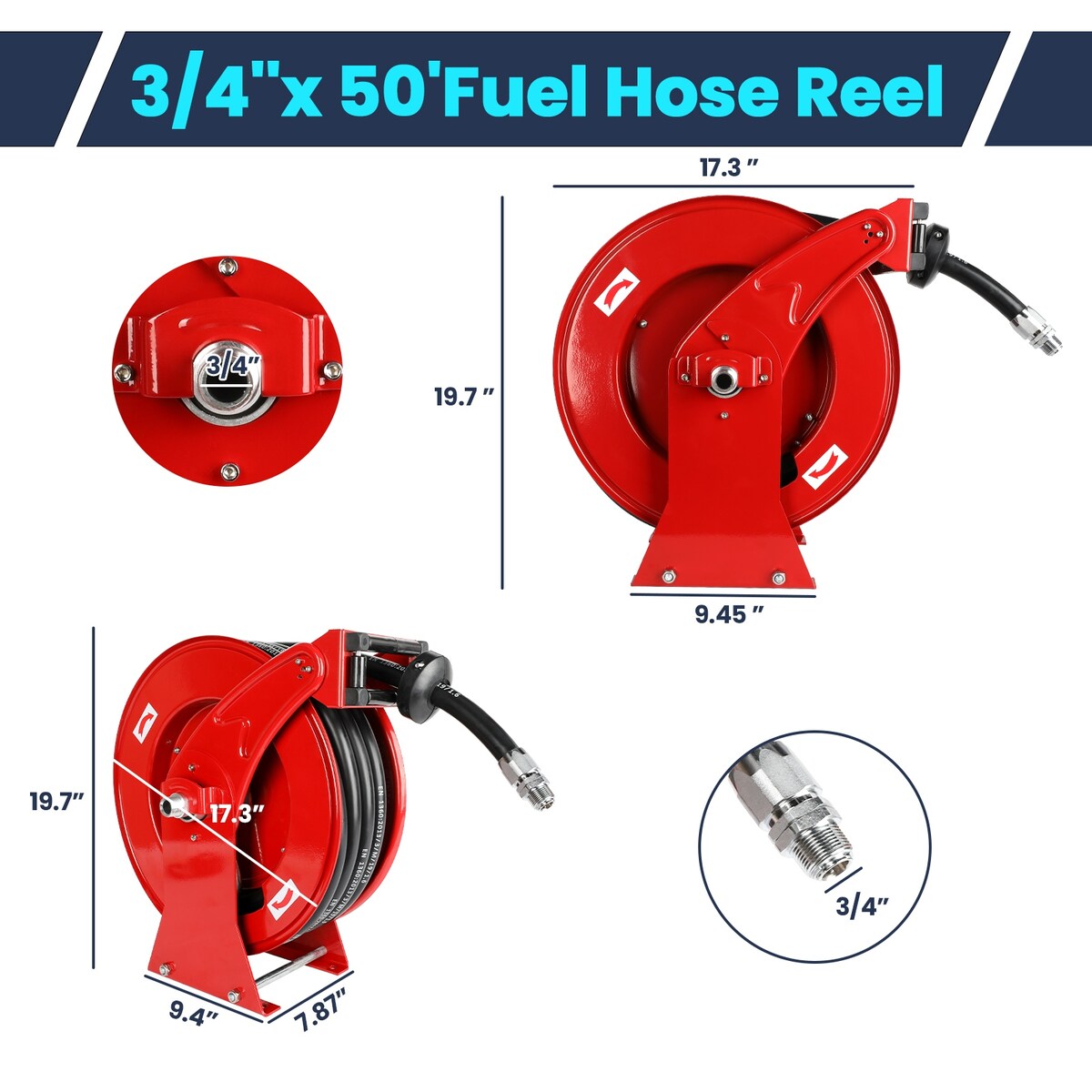 Retractable Diesel Fuel Hose Reel - 3/4 inch x 50ft Extra Long Spring Driven Auto Swivel Rewind