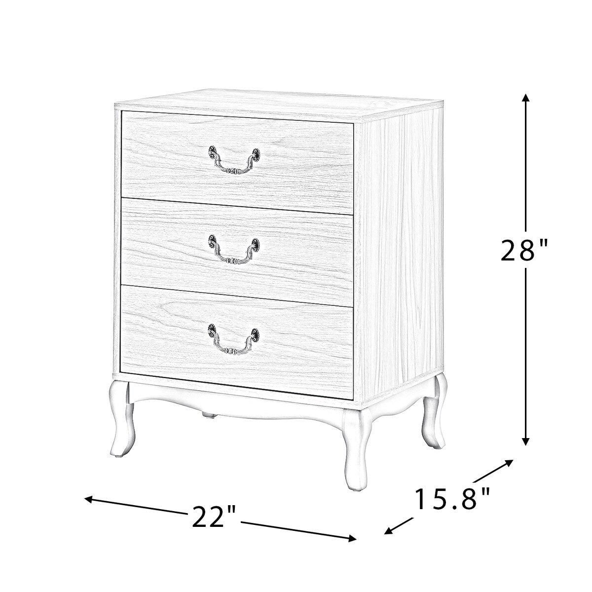 Retro 3-Drawer Wood Nightstand with Cabriole Legs