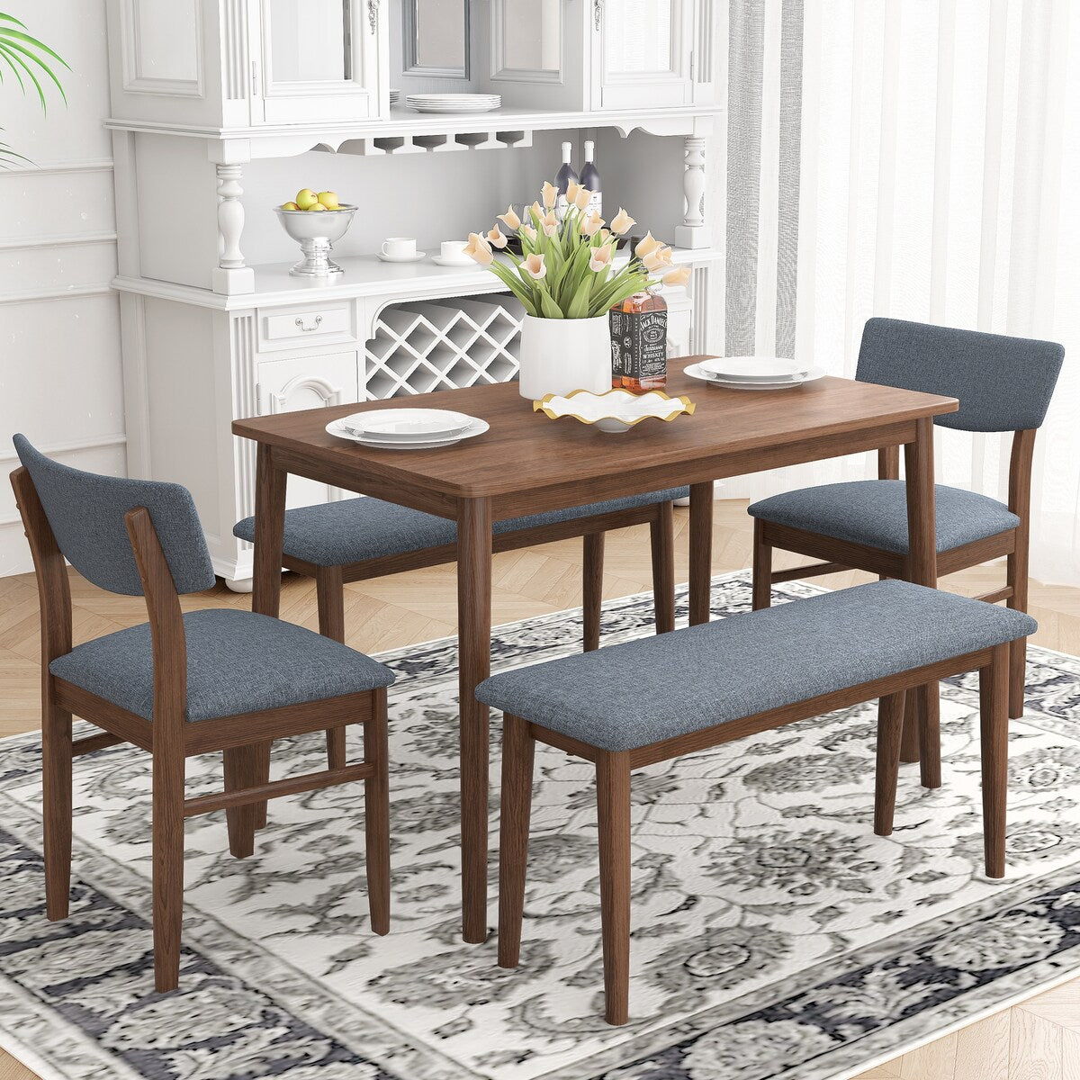 Retro 5-Piece Dining Set with Rubberwood Table and Fabric Cushioned Chairs