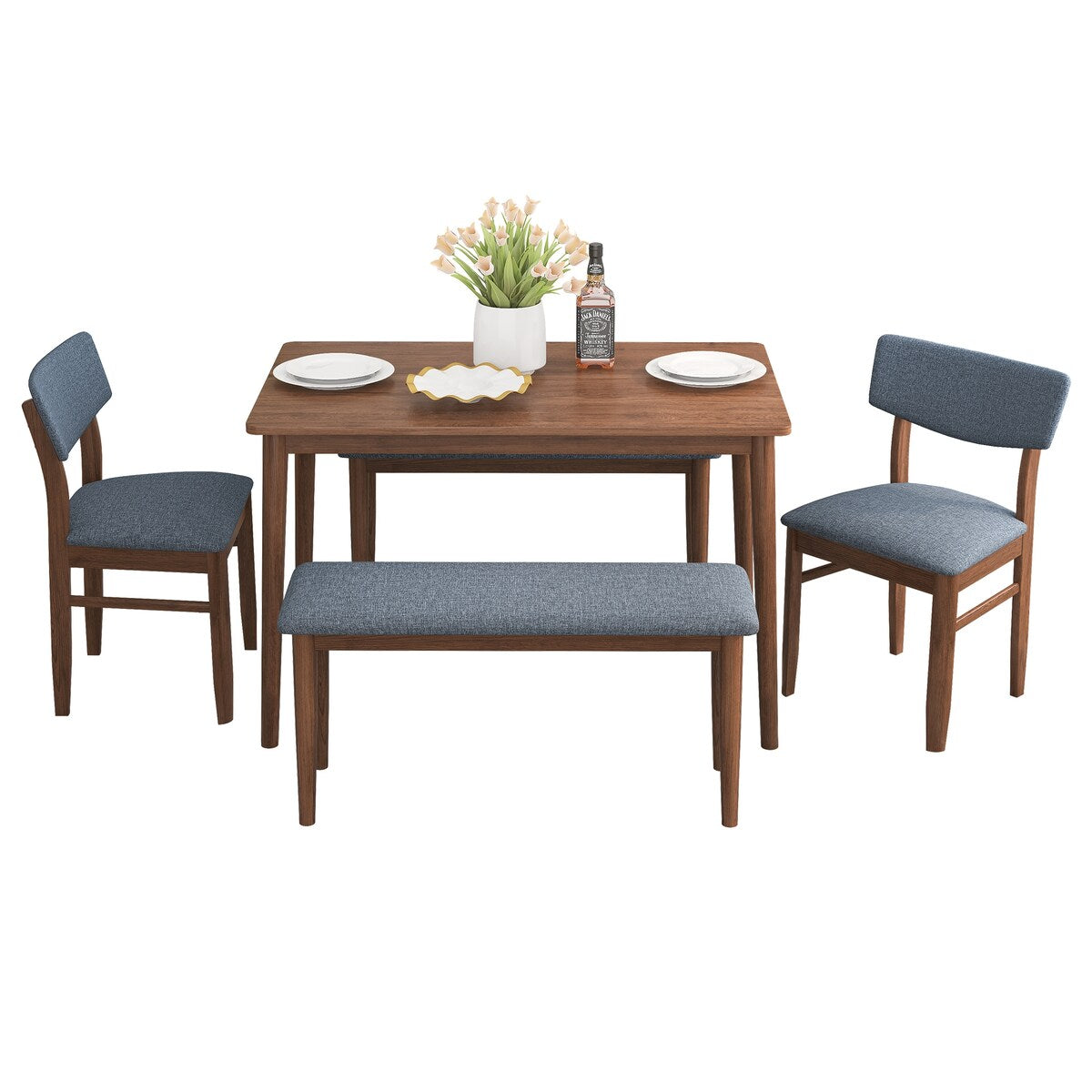 Retro 5-Piece Dining Set with Rubberwood Table and Fabric Cushioned Chairs