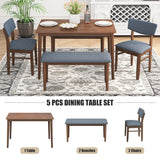 Retro 5-Piece Dining Set with Rubberwood Table and Fabric Cushioned Chairs