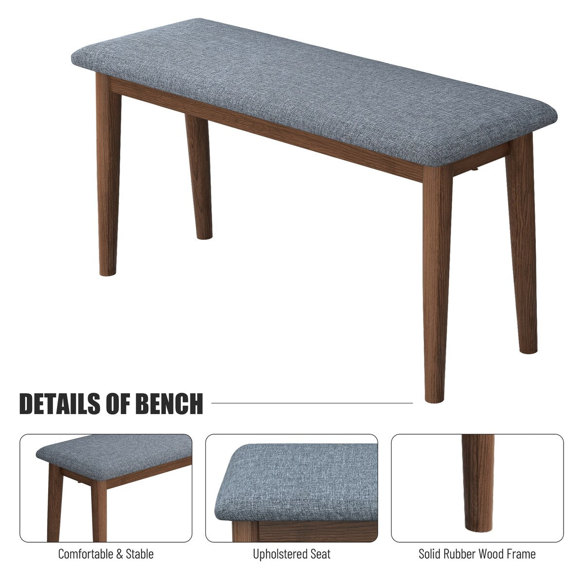 Retro 5-Piece Dining Set with Rubberwood Table and Fabric Cushioned Chairs