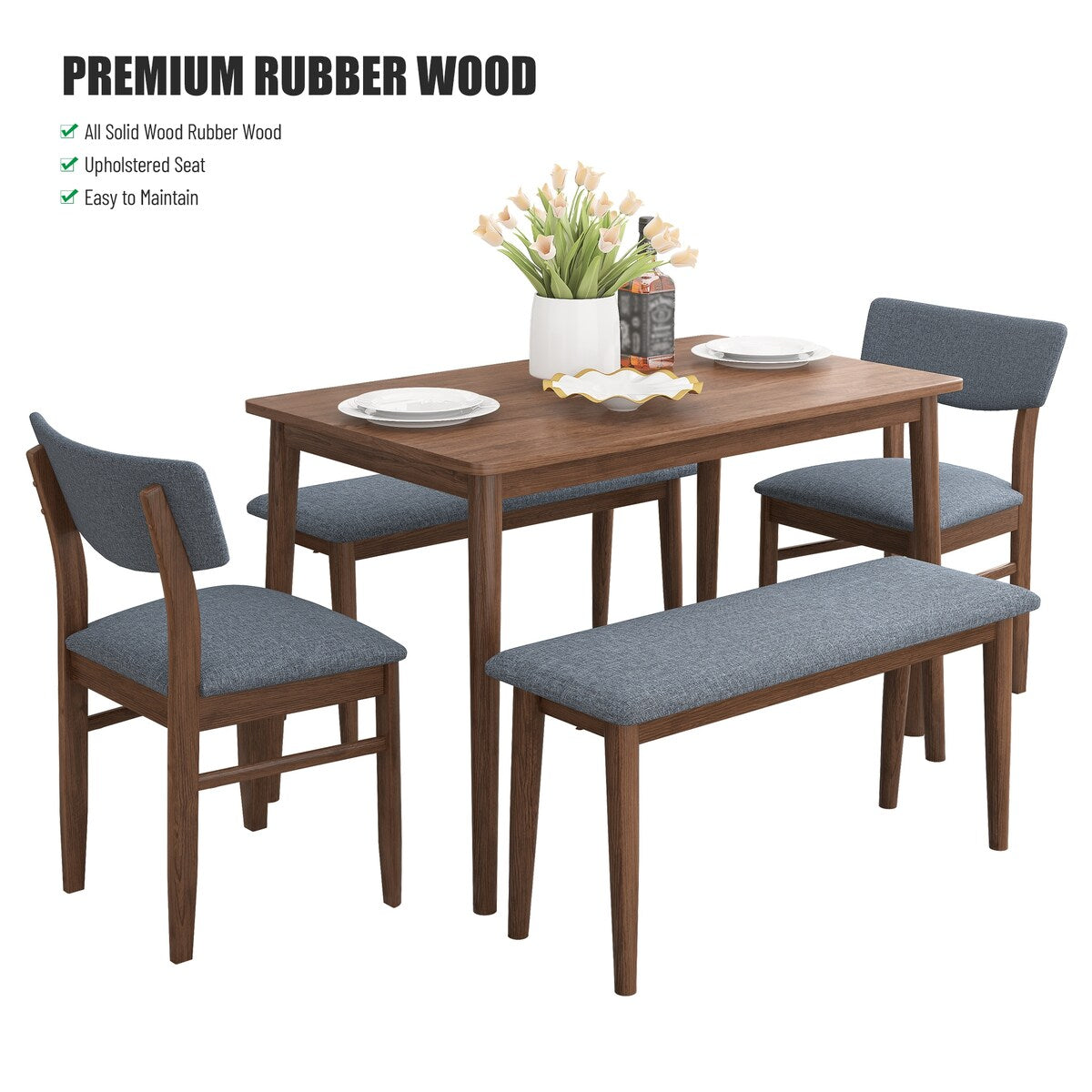 Retro 5-Piece Dining Set with Rubberwood Table and Fabric Cushioned Chairs