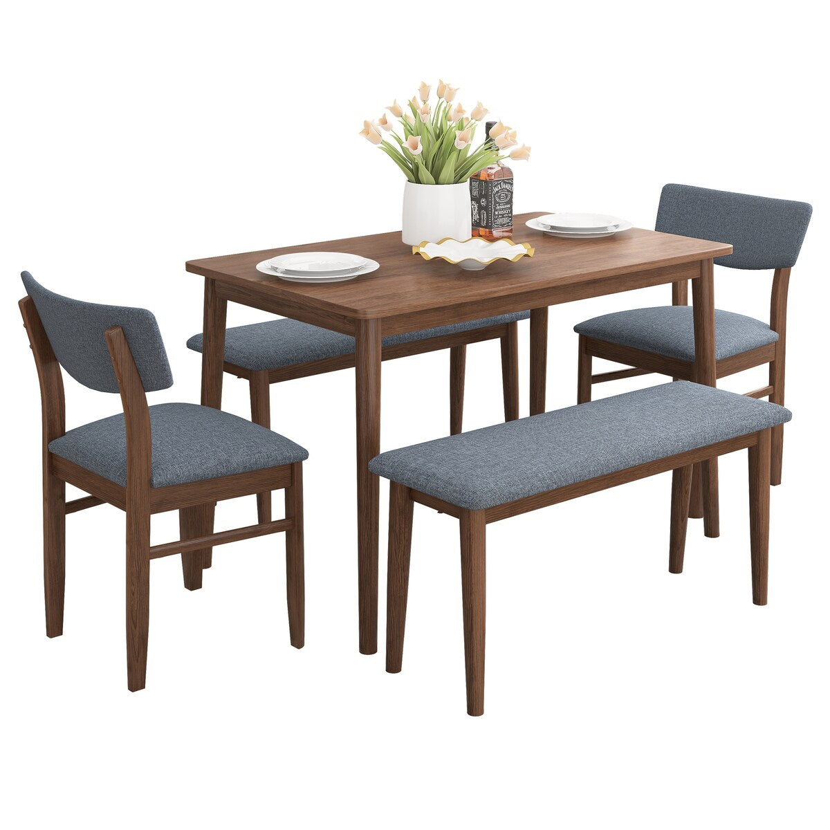 Retro 5-Piece Dining Set with Rubberwood Table and Fabric Cushioned Chairs